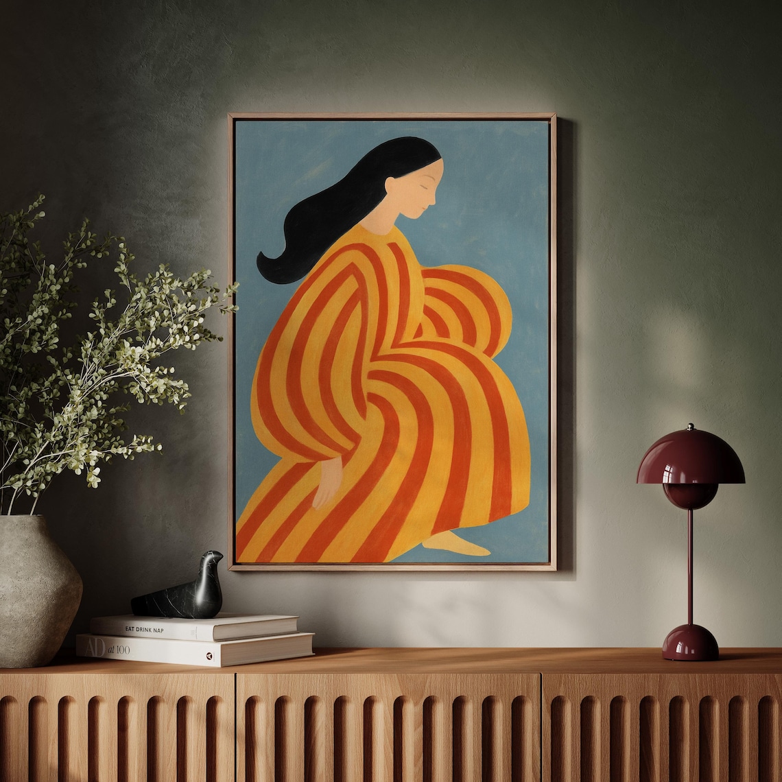 Striped Dress Woman Portrait Modern Minimalist Figure Art Poster