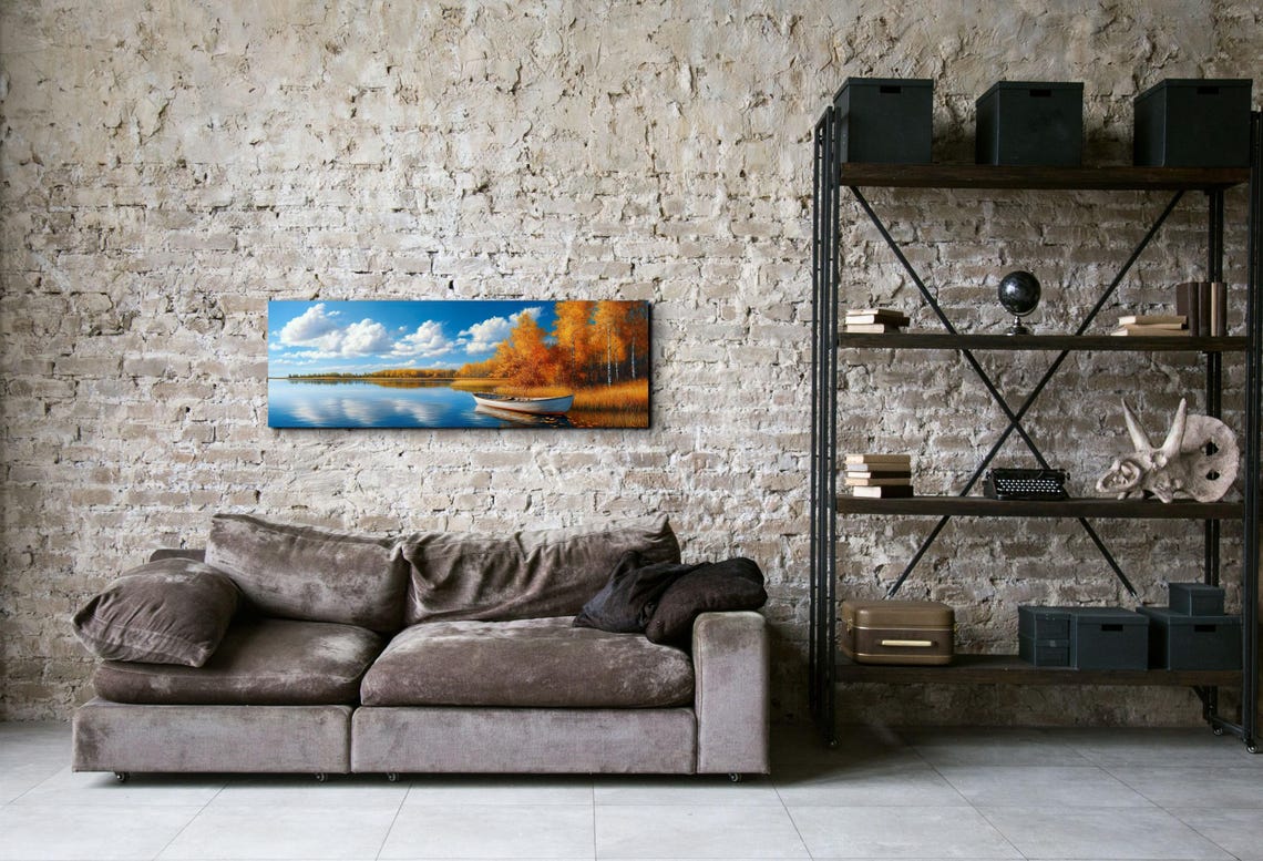 White Boat Drifting on Mirror Calm Autumn Lake Panoramic Poster - Image 7