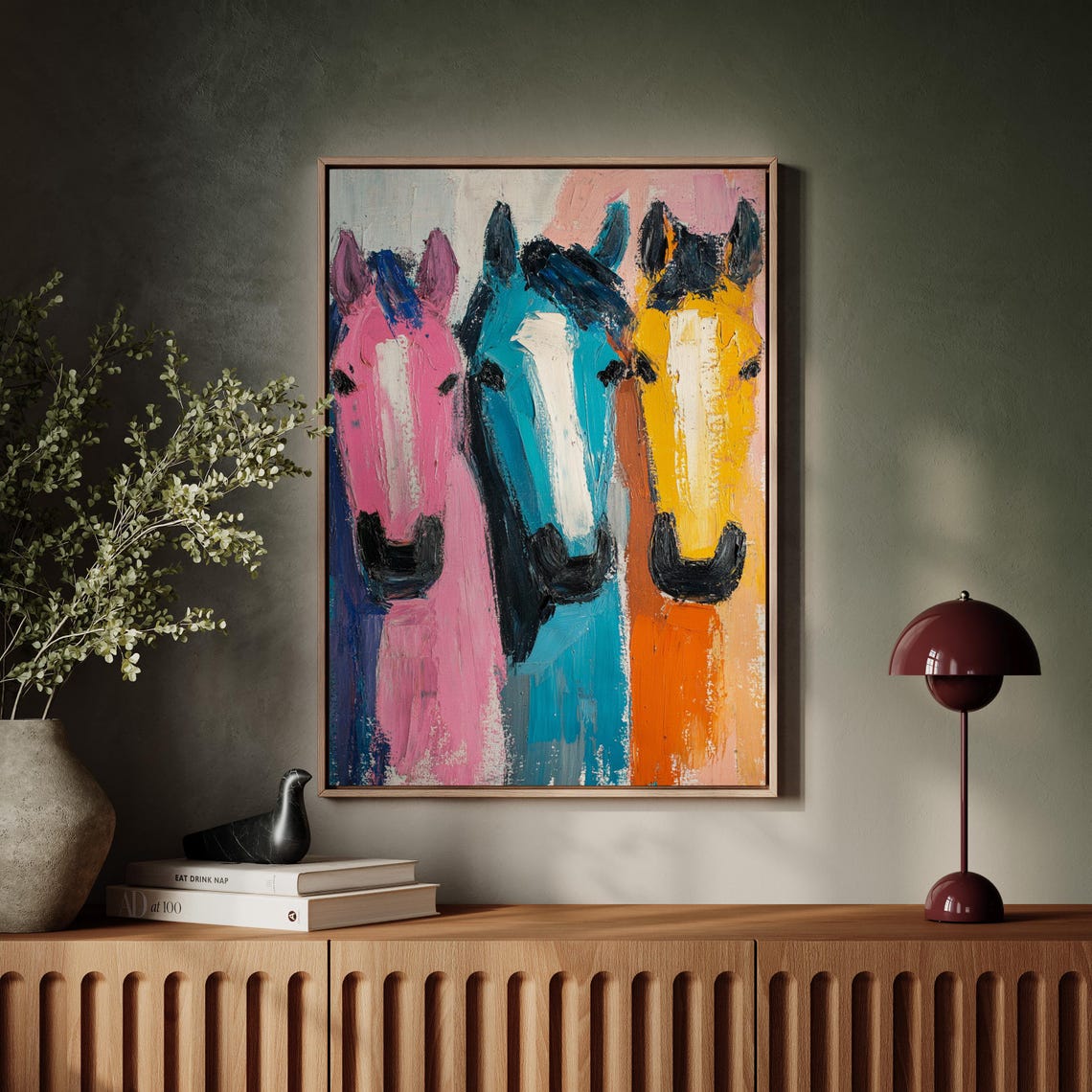 Bold Abstract Horse Trio Pink Blue Yellow Brush Stroke Poster - Image 5