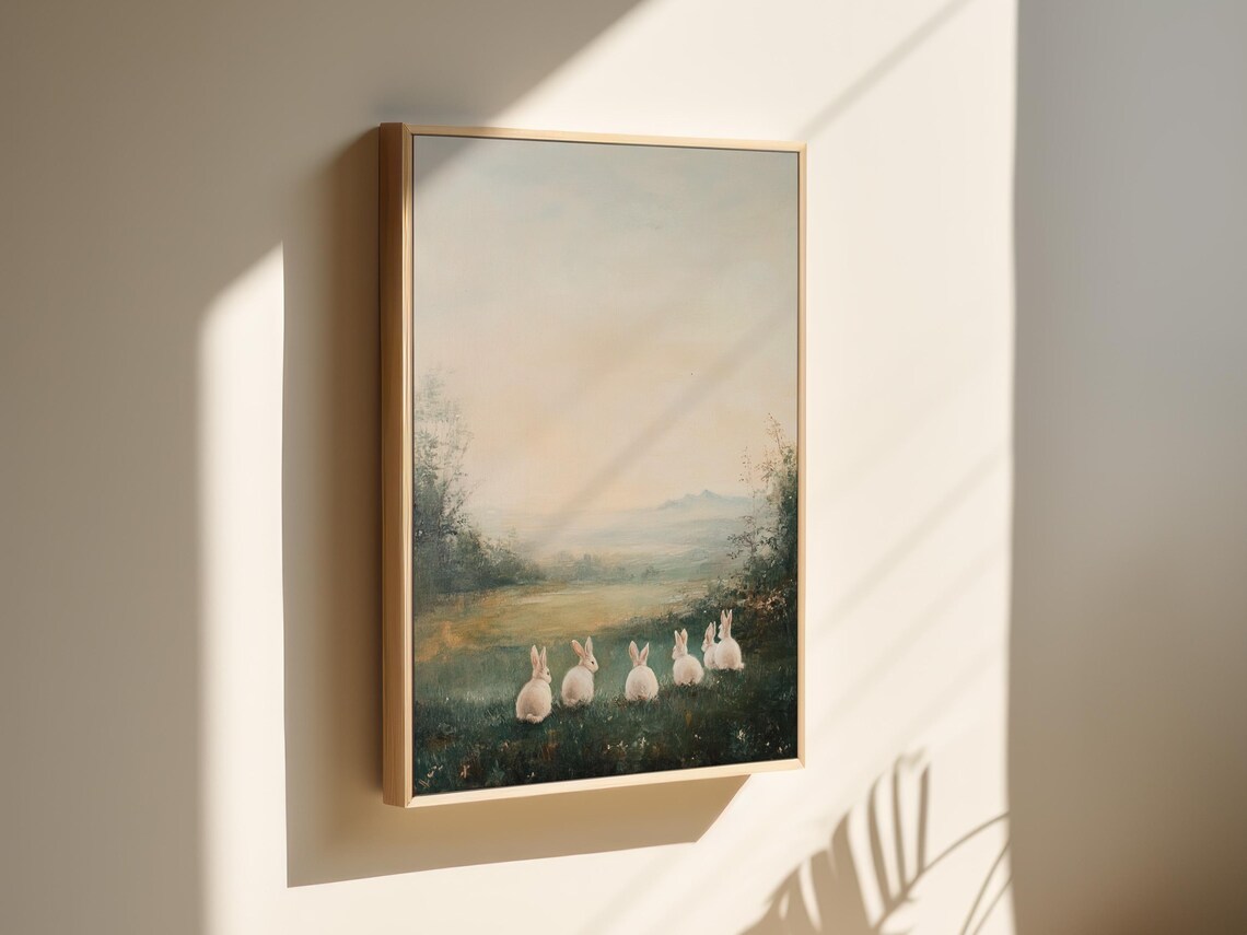 Five White Rabbits Facing Misty Meadow At Dawn Farmhouse Poster - Image 5