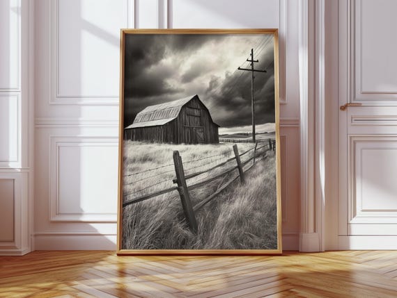 Moody Barn Black White Canvas Wall Art Rustic Farmhouse Landscape Print With Dramatic Sky Fence Scene
