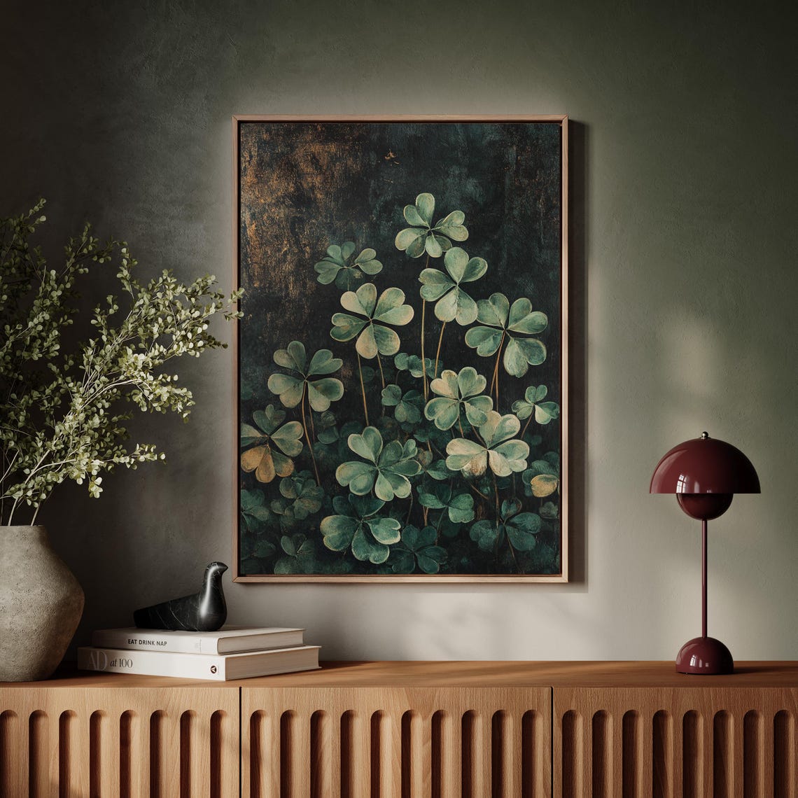 Moody Painterly Clover Blossoms Dark Botanical Canvas Wall Art - Image 7
