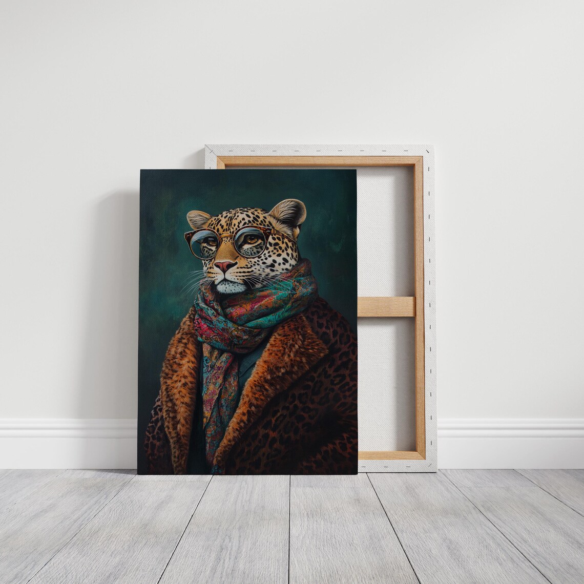 Stylish Leopard Portrait Wearing Glasses and a Colorful Scarf Poster - Image 3