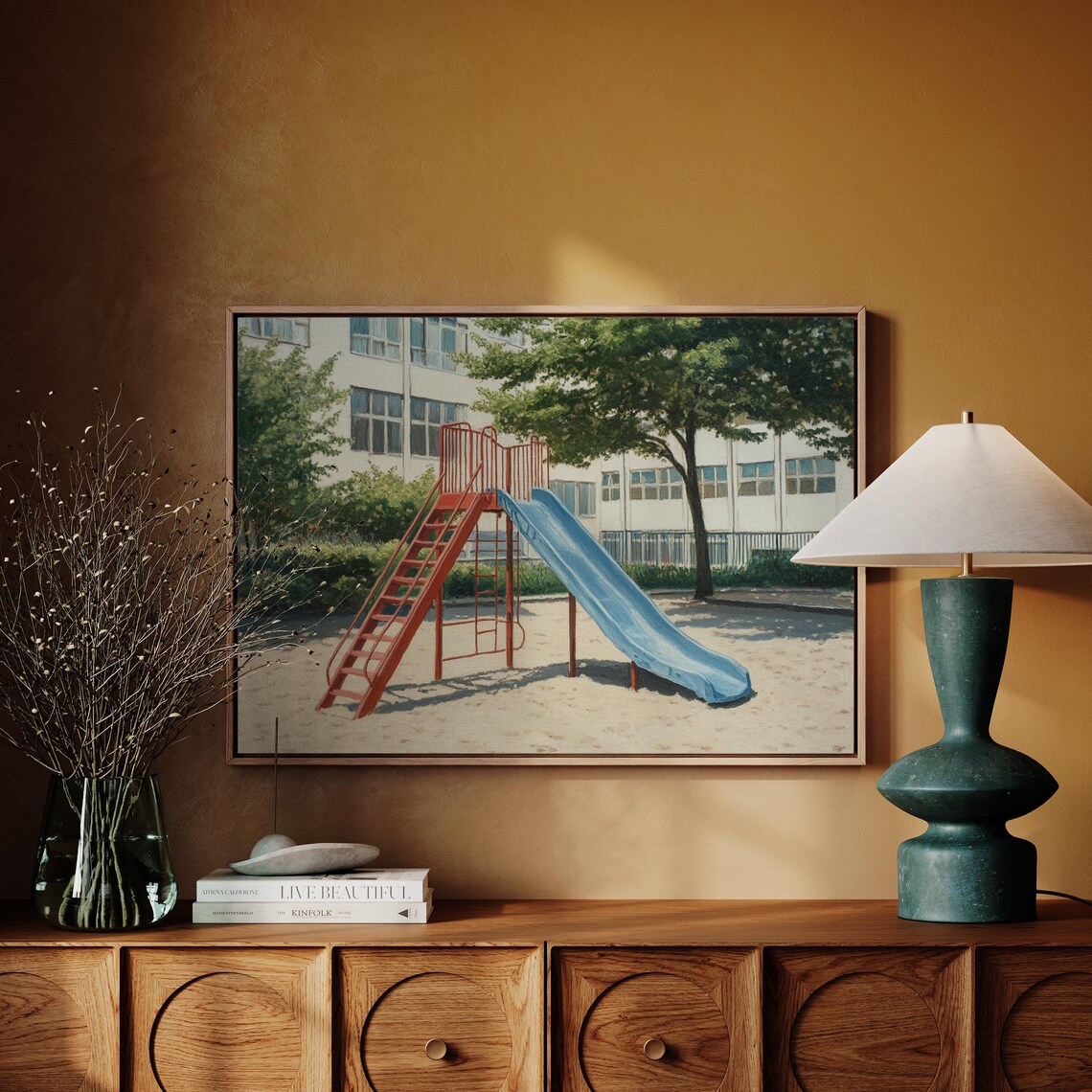 Playground Slide Painting Nostalgic Red Ladder Blue Slide Schoolyard Scene Poster