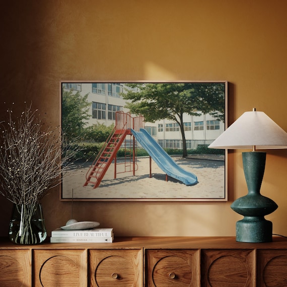 Playground Slide Painting Nostalgic Red Ladder Blue Slide Schoolyard Scene Poster