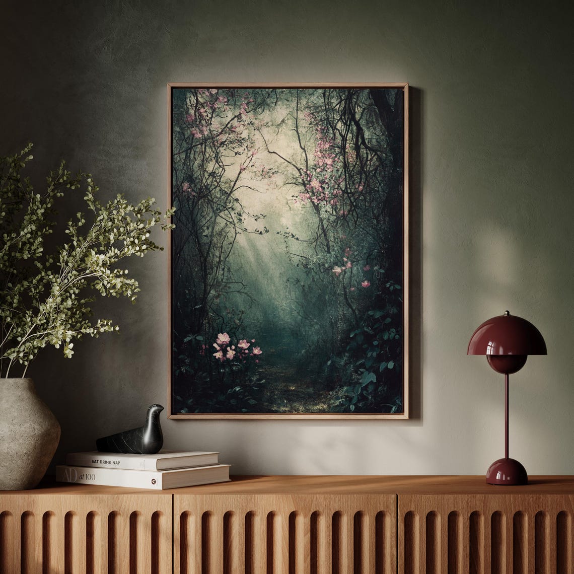 Enchanted Dark Forest Path With Pink Blossoms Mystical Green Wall Art - Image 7