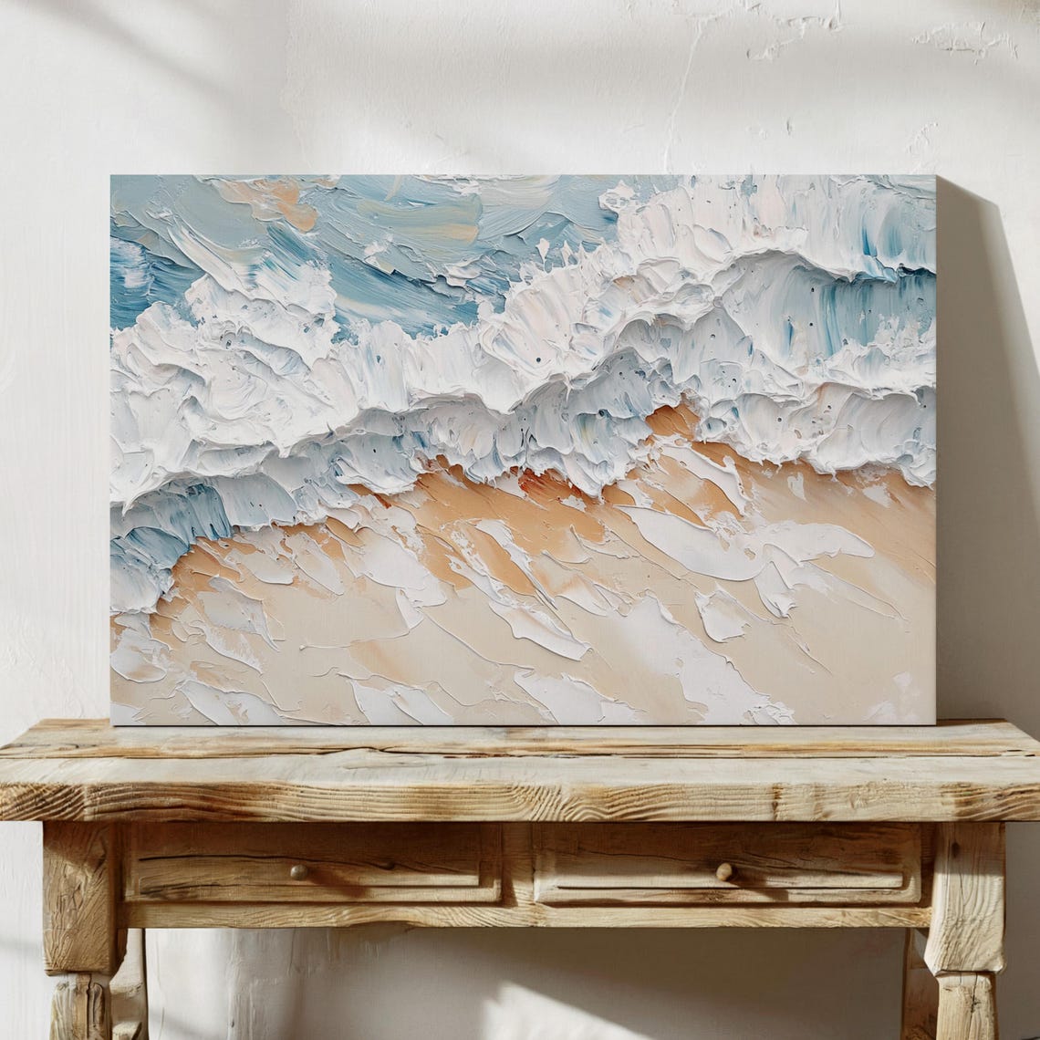 Textured Ocean Waves Crashing On Sandy Beach Abstract Coastal Poster
