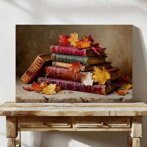 Antique Books Stacked with Autumn Leaves Rustic Library Still Life Print