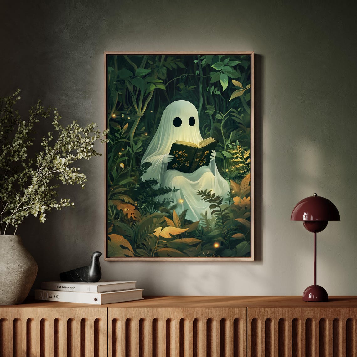 Cute Ghost Reading Book In Lush Forest With Fireflies Wall Art - Image 2