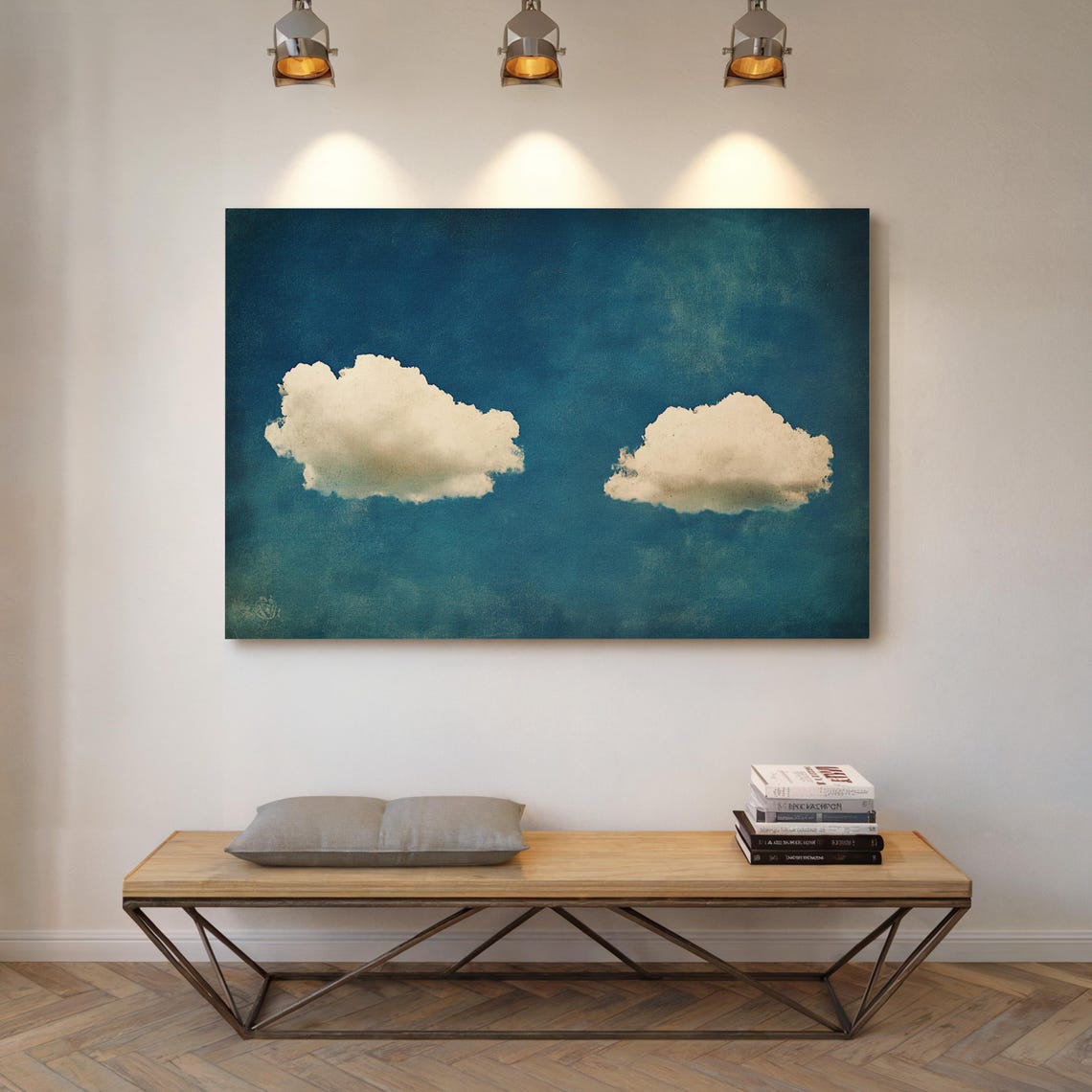 Rustic Two Cloud Cloudscape On Distressed Teal Blue Sky Art Poster - Image 6