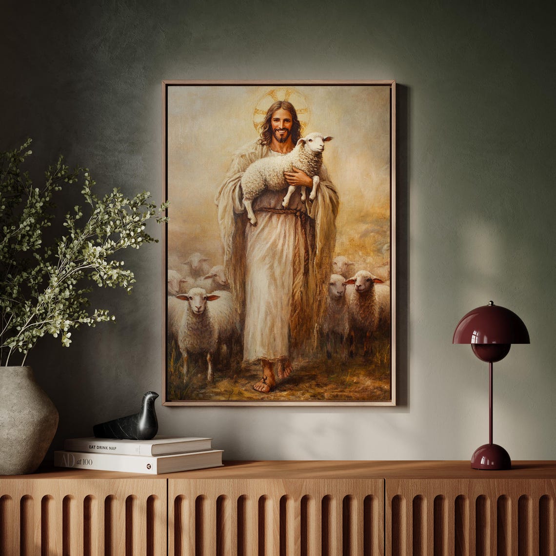 Good Shepherd Jesus Holding Lamb Flock Golden Light Art Poster