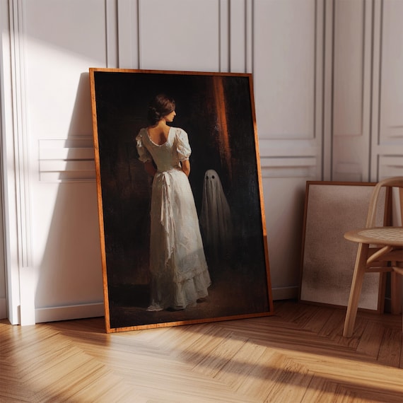 Haunting And Woman In White Vintage Dress Gothic Halloween Wall Art Dark Elegant Spooky Painting Creepy Paranormal Home Dcor
