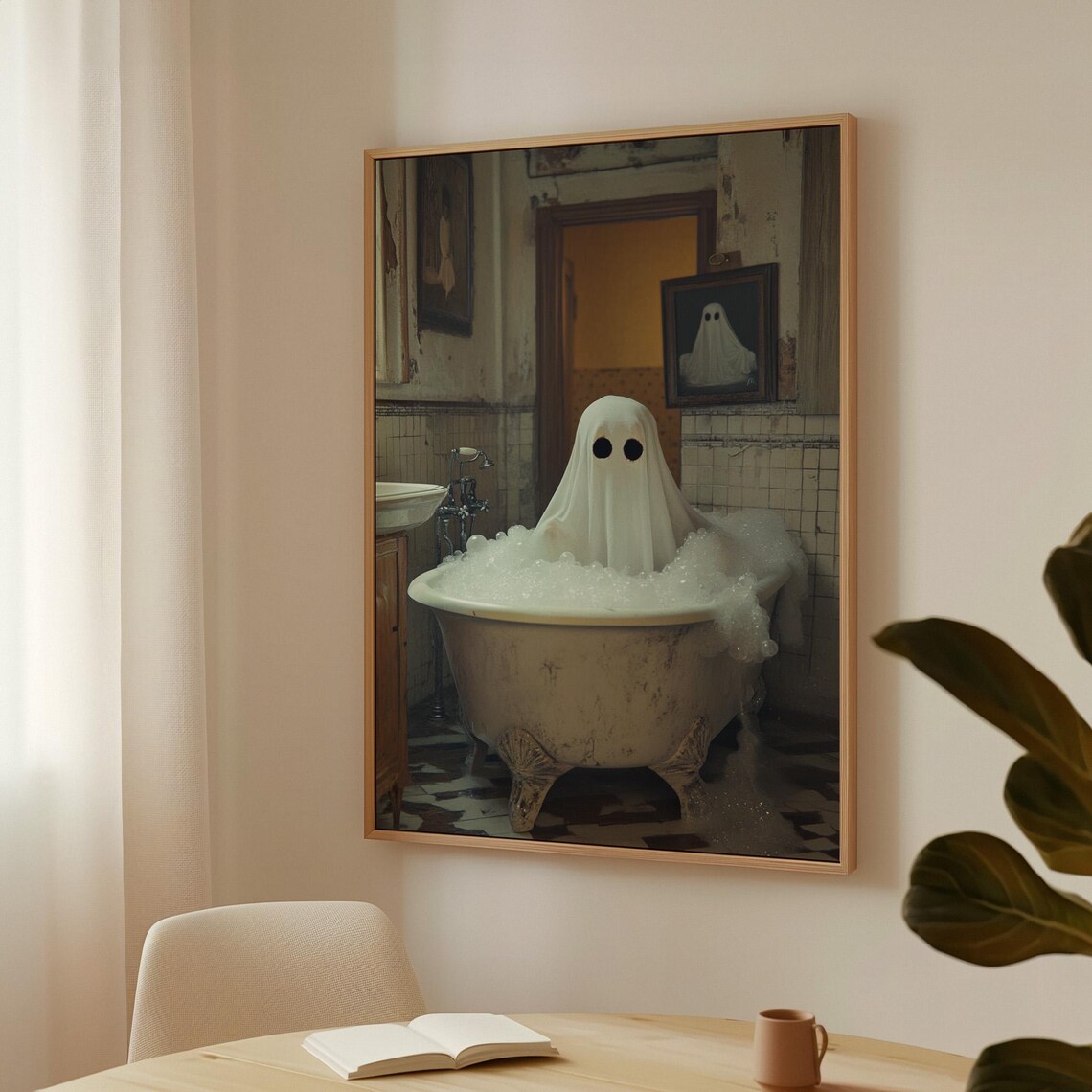 Whimsical Ghost in Vintage Bubble Bath Old Bathroom Halloween Wall Poster - Image 4