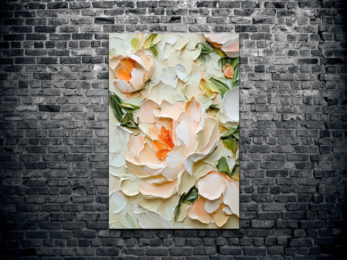 Cream Blush Delicate Peony Blooms Impasto Floral Vertical Art Poster - Image 2