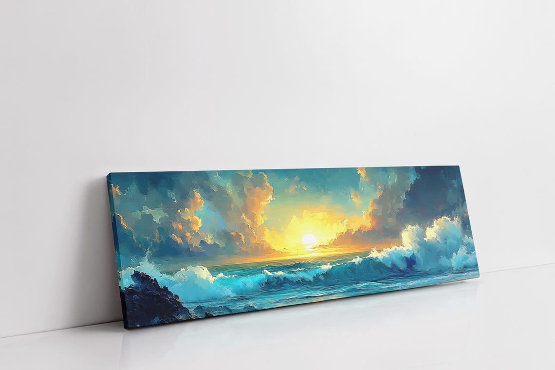 Ocean Sunset Crashing Waves Seascape Coastal Panorama Art Print - Image 3