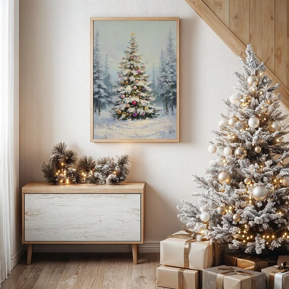 Snow Covered Christmas Tree With Ornaments, Poster Print