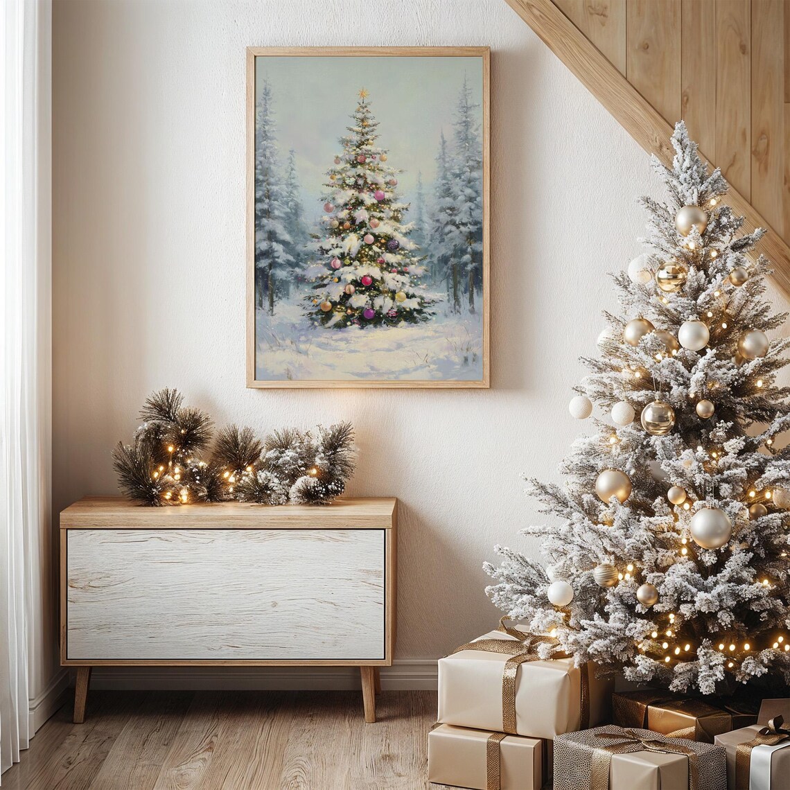 Snow Covered Christmas Tree With Ornaments, Poster Print