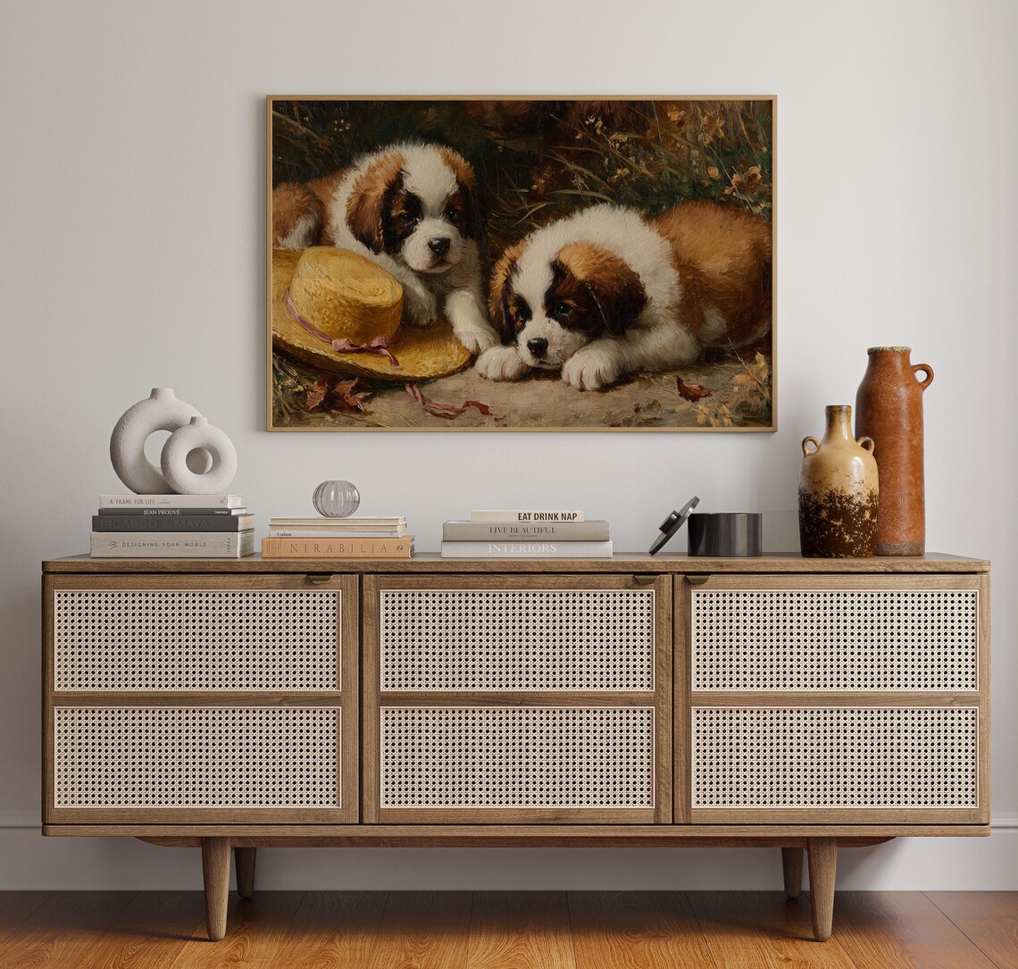 Saint Bernard Puppies Straw Hat Rustic Vintage Dog Art Poster