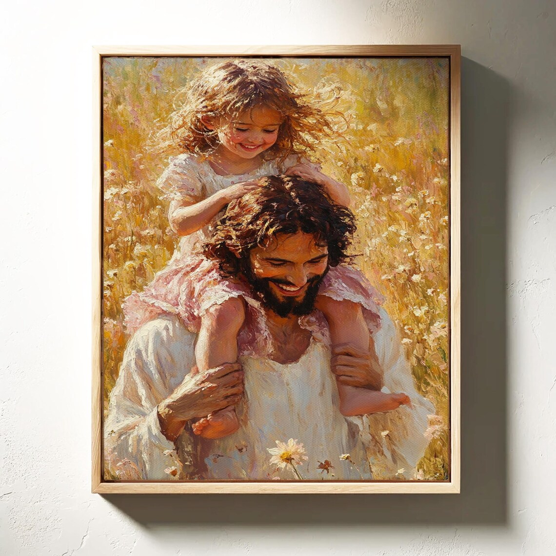 Jesus Carrying a Smiling Child on His Shoulders in a Flower Field Poster - Image 3