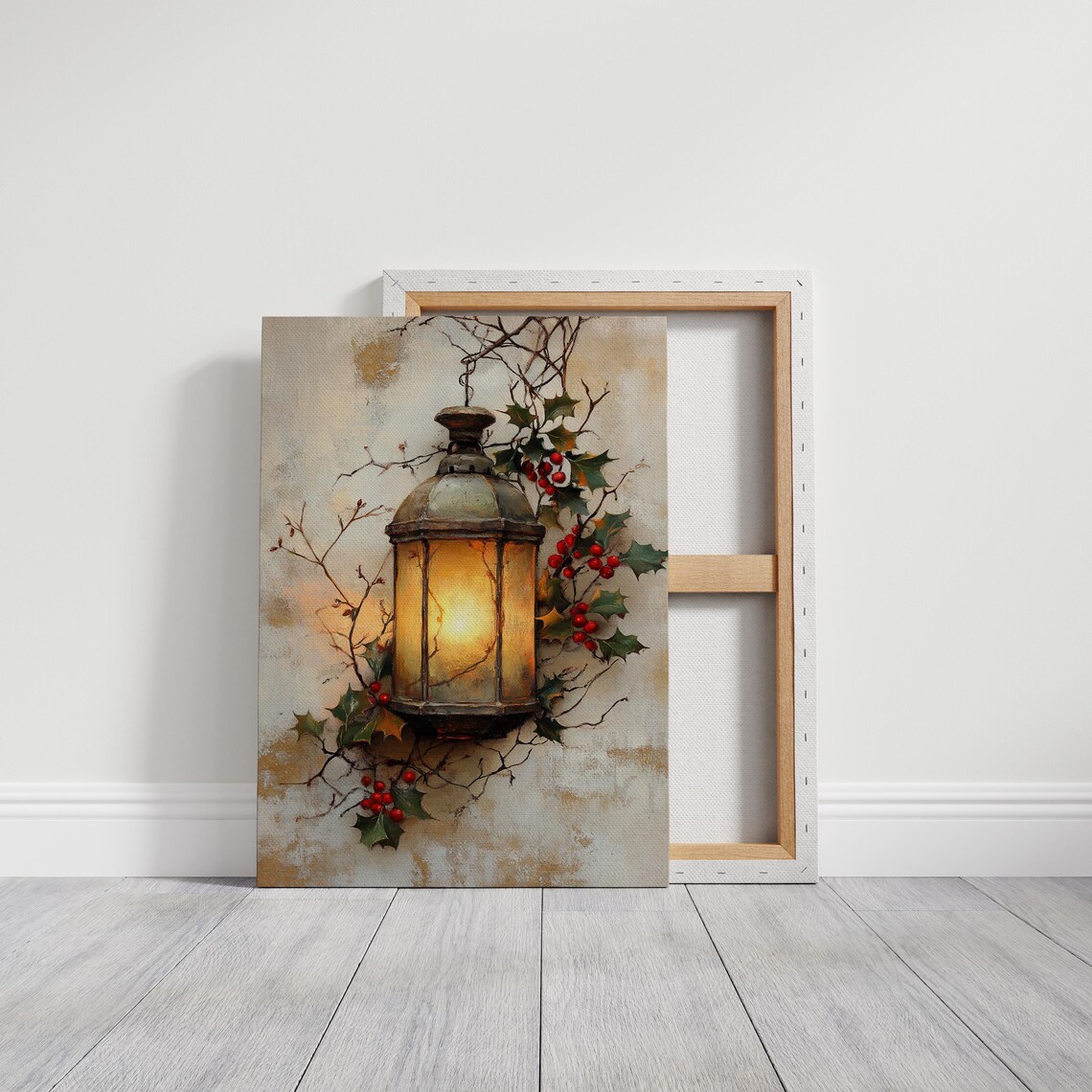 Antique Glowing Lantern With Holly Berries Christmas Art Poster - Image 3