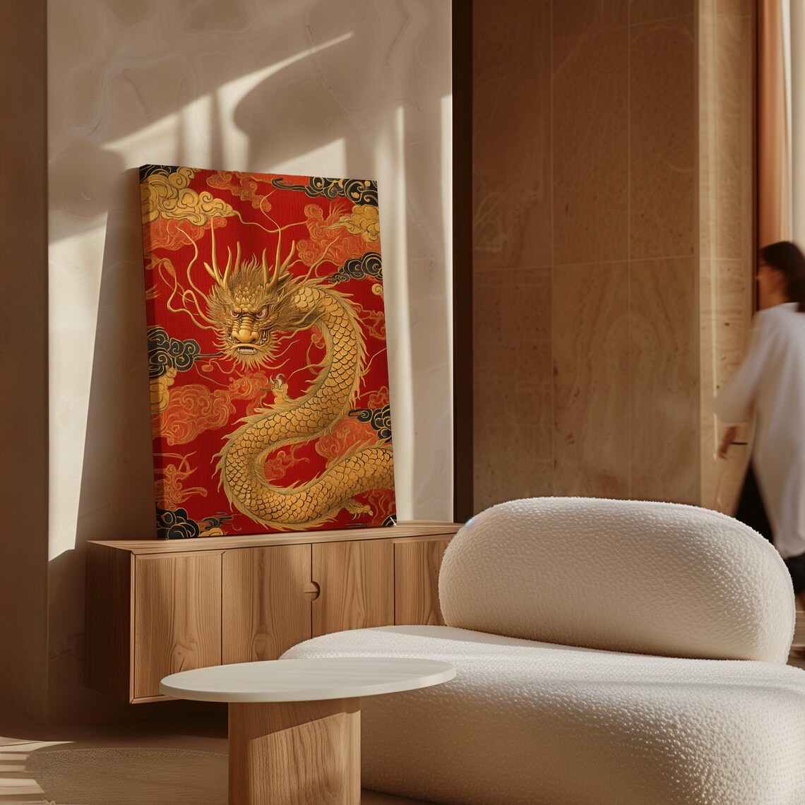 Majestic Golden Chinese Dragon With Clouds On Crimson Red Wall Art - Image 4