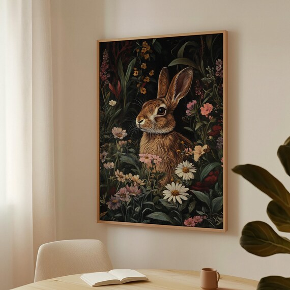 Adorable Brown Rabbit Among Wildflowers Dark Botanical Poster