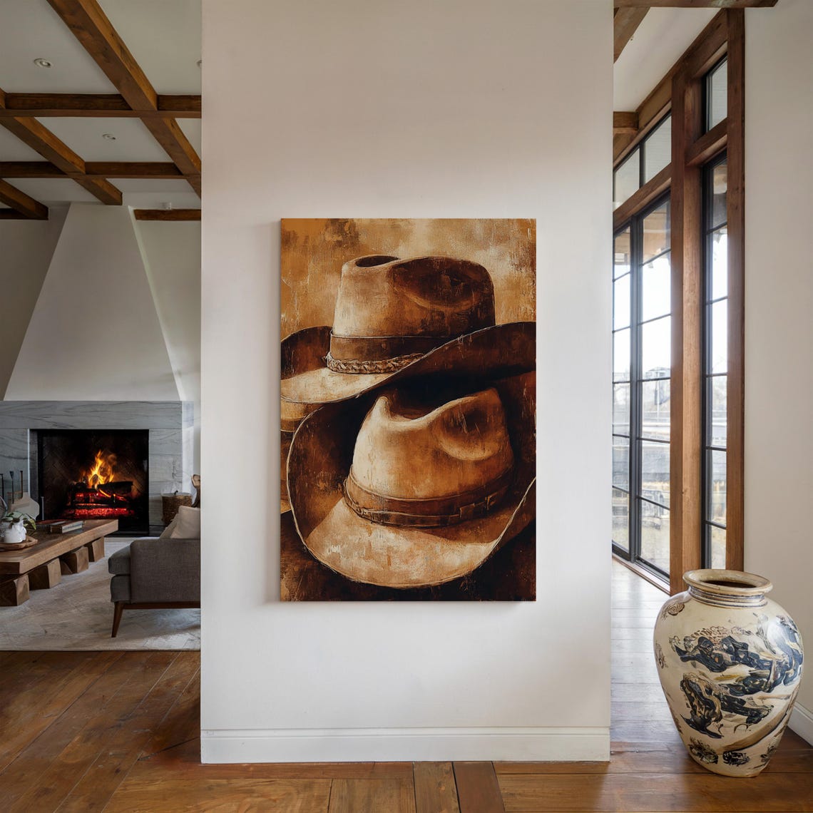 Two Weathered Cowboy Hats Sepia Tones Vintage Western Decor Poster - Image 2