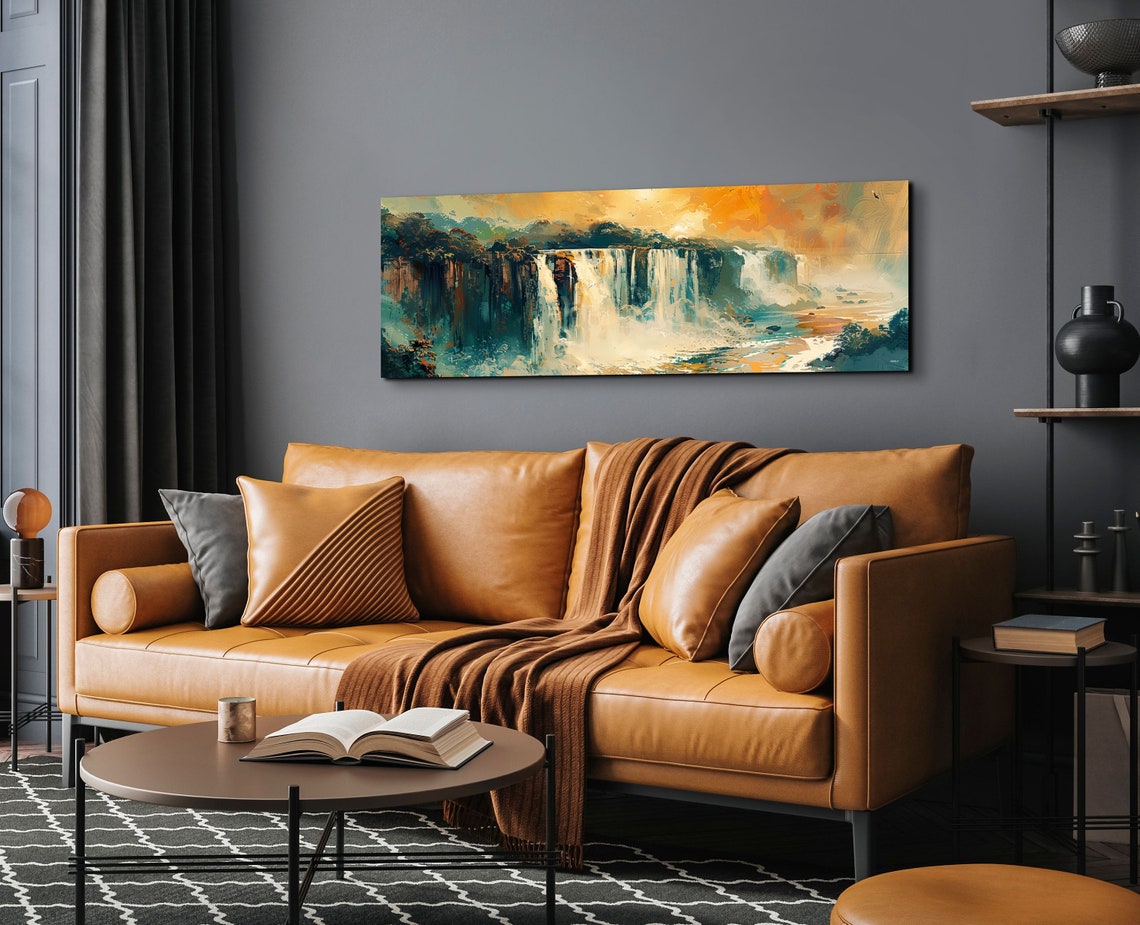 Waterfall Painting with Golden Orange Sunset Sky Panorama Wall Art - Image 6