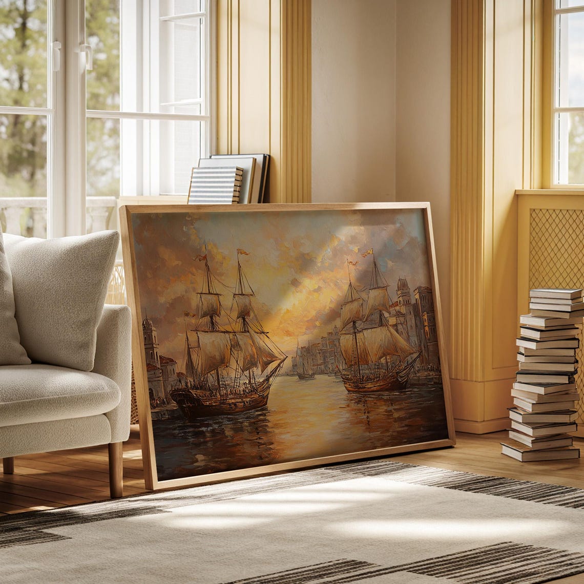 Tall Sailing Ships Harbor Sunset Vintage Nautical Oil Poster - Image 5