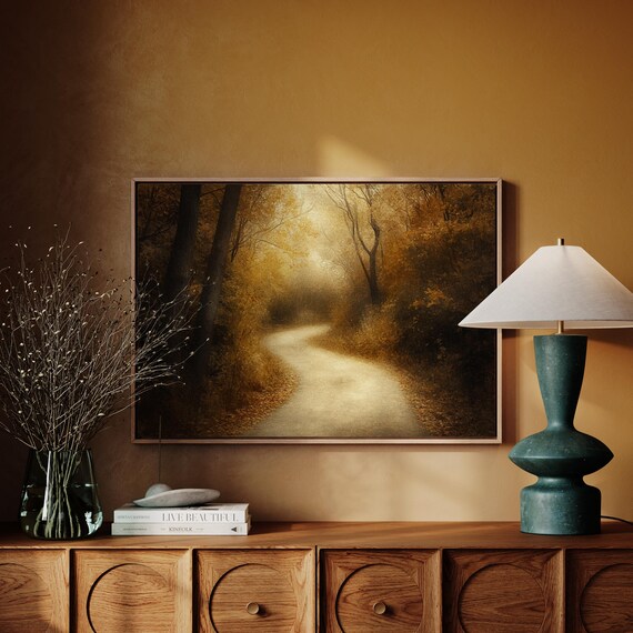 Misty Golden Forest Path Moody Autumn Landscape Painting Wall Art