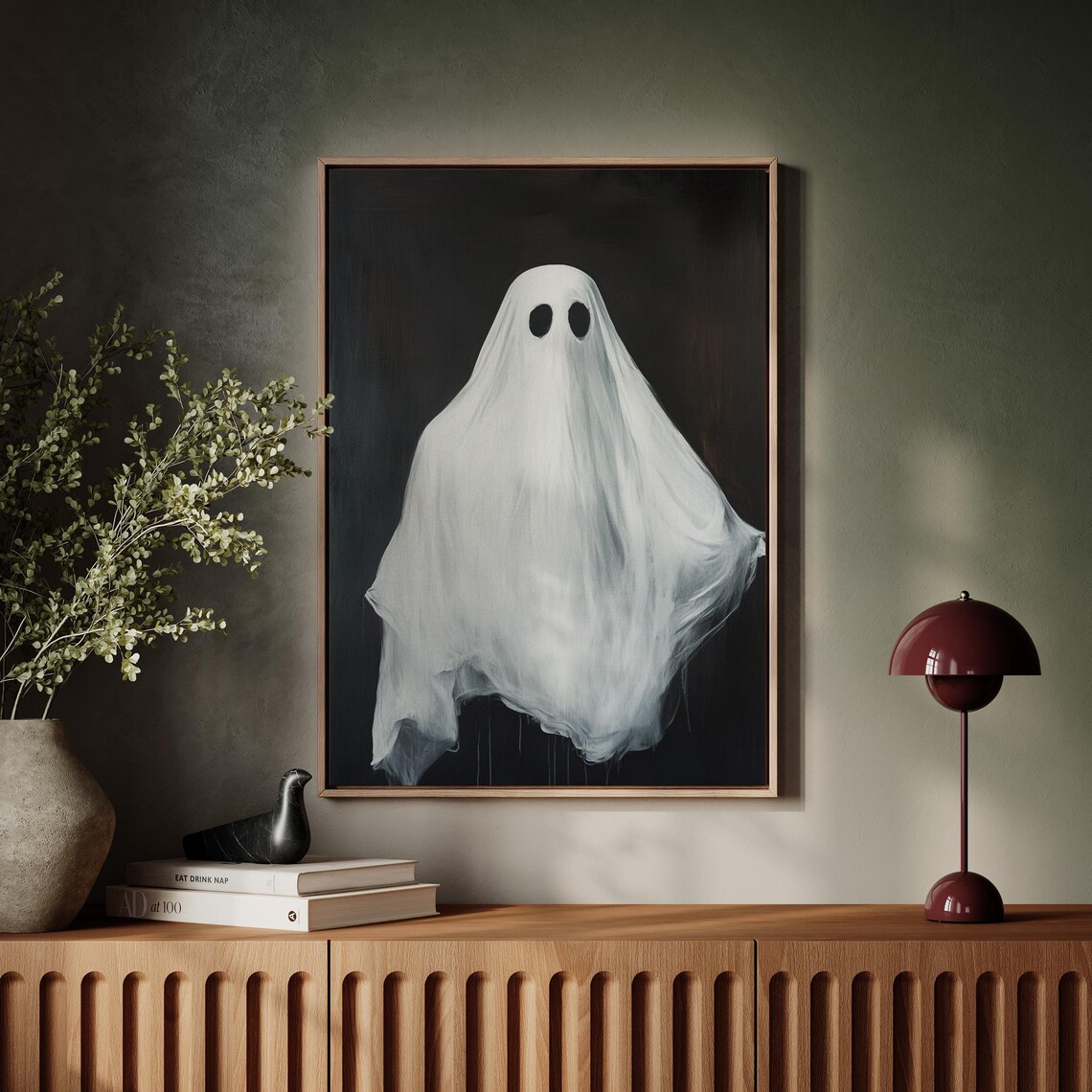 Minimalist White Sheet Ghost on Black Background Spooky Halloween Poster - Image 4