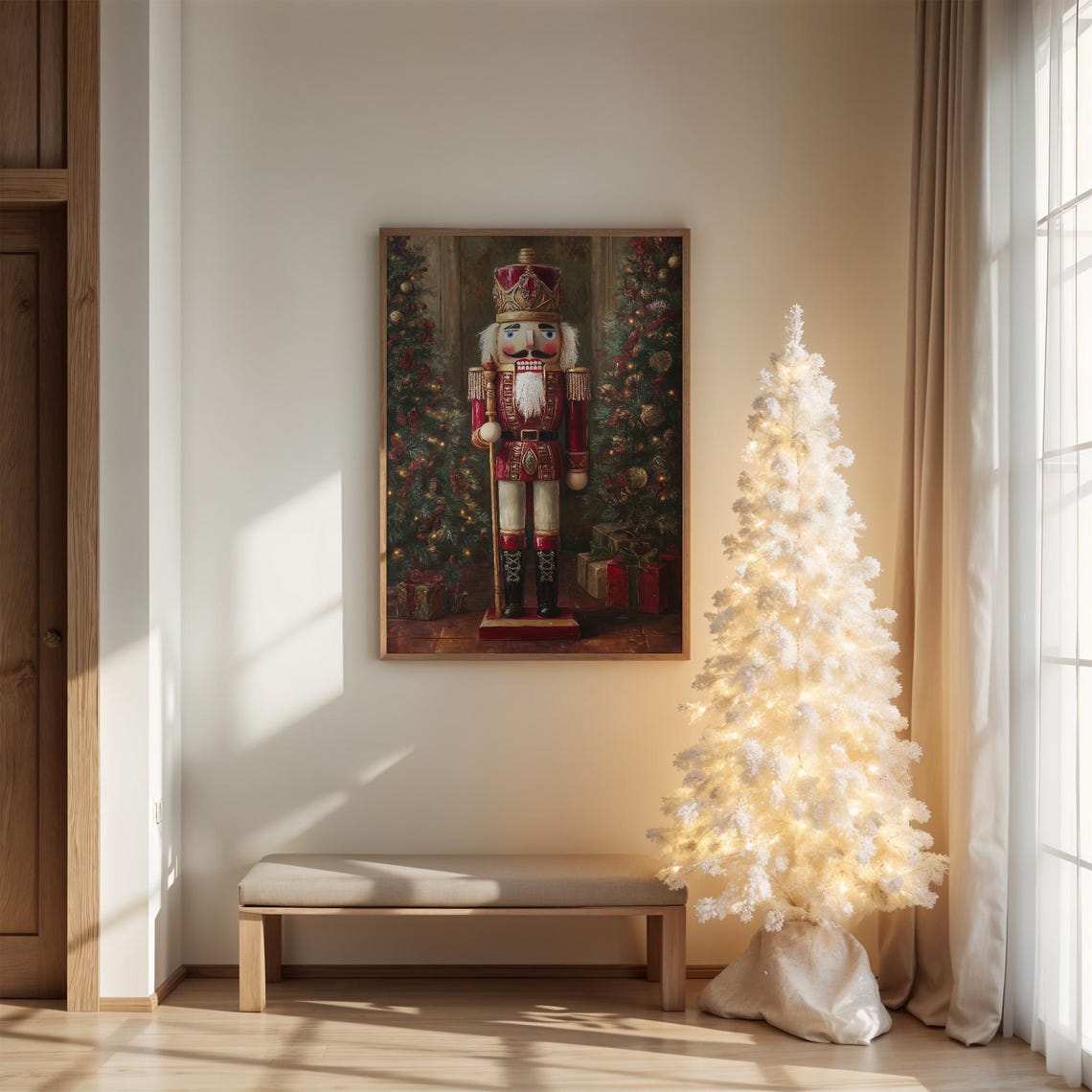 Regal Red And Gold Nutcracker Between Christmas Trees Wall Art