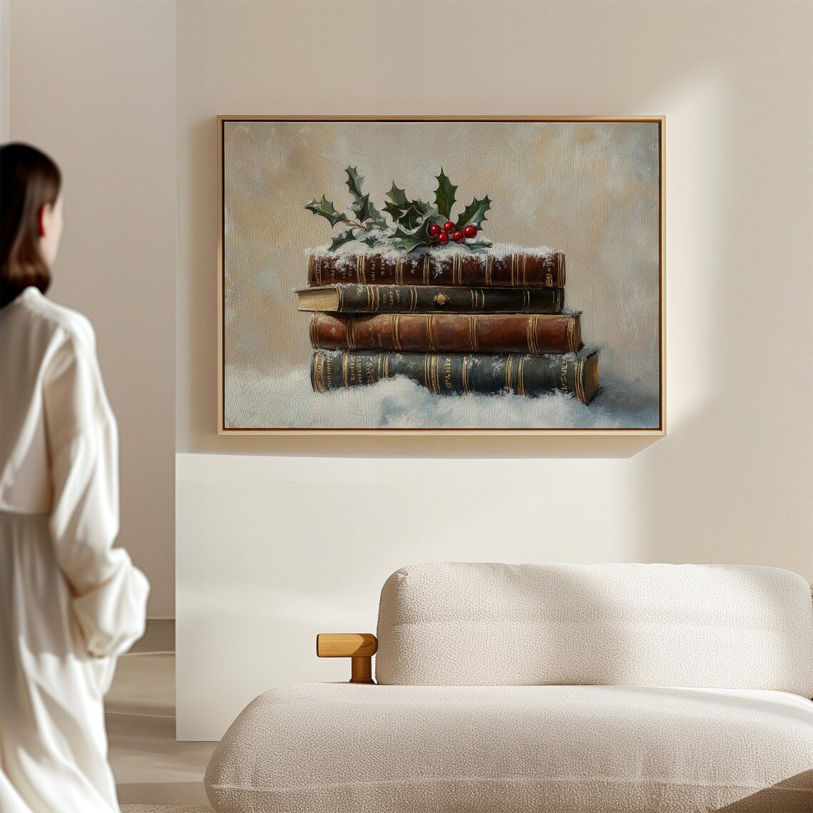 Stacked Antique Books Snow Holly Christmas Vintage Winter Art Poster - Image 7