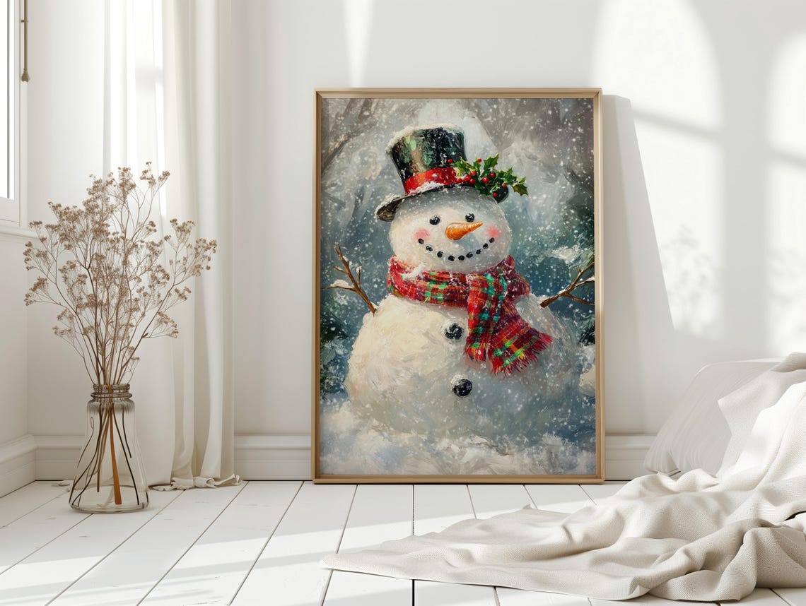 Smiling Snowman With Holly Hat and Red Plaid Scarf Winter Poster