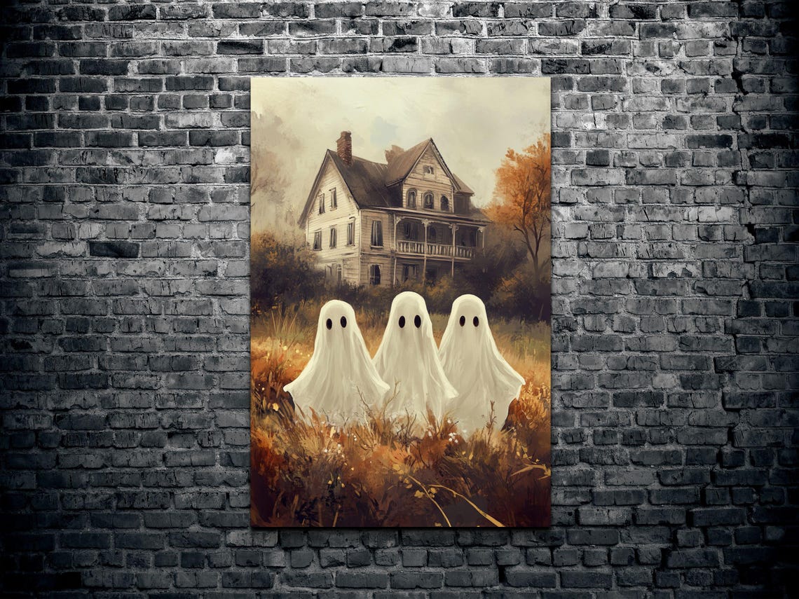 Three Cute Ghost Friends Old House Autumn Field Halloween Poster - Image 2