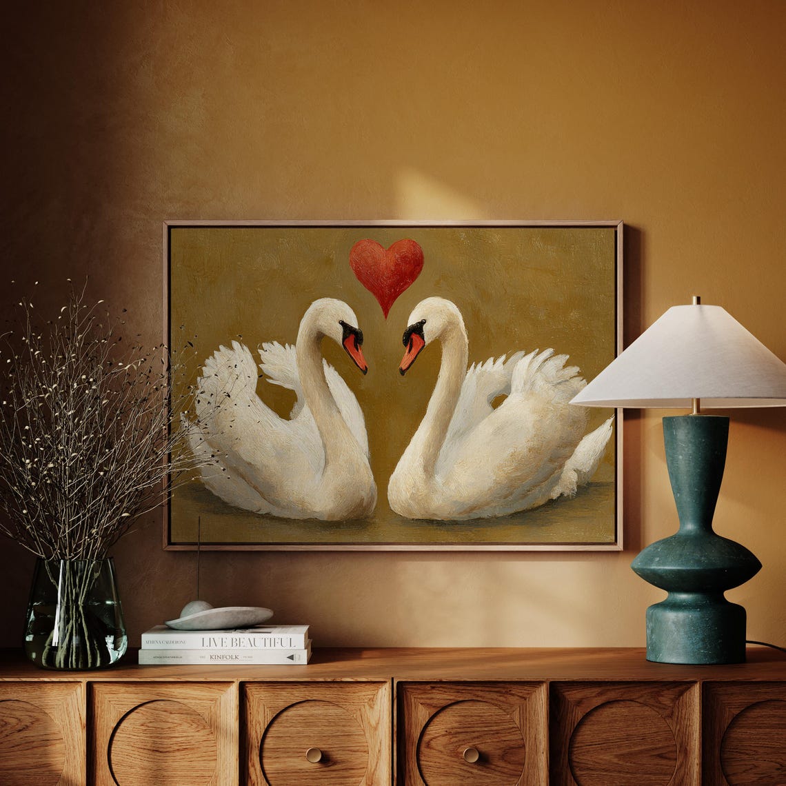 Romantic Swan Couple Canvas Wall Art White Swans With Red Heart Love Nature Inspired Oil Painting Style For Bedroom Or Living Room
