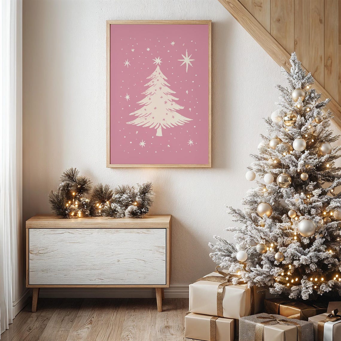 Pink Christmas Tree Silhouette With Sparkling Stars Art Poster