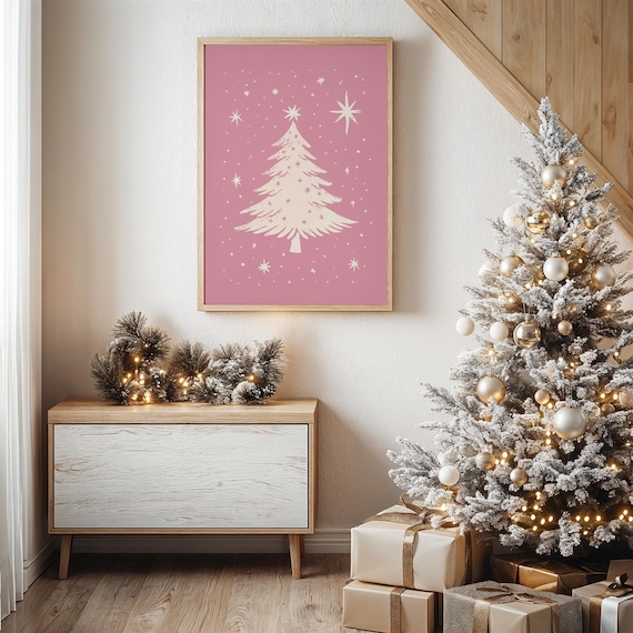 Pink Christmas Tree Silhouette With Sparkling Stars Art Poster