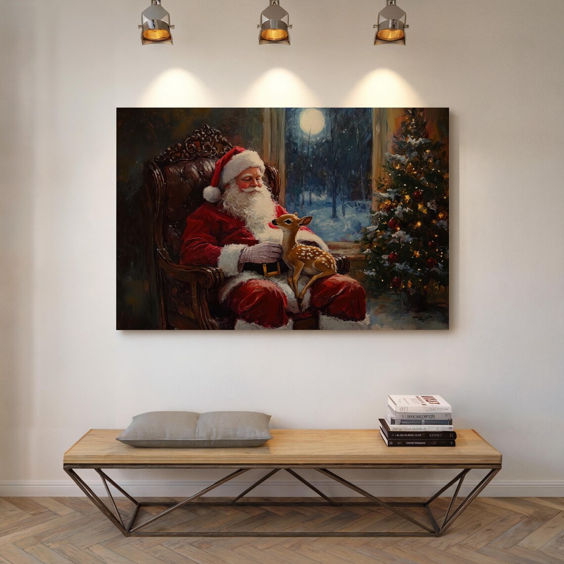 Santa Claus Holding A Baby Reindeer By A Moonlit Christmas Tree Poster - Image 5
