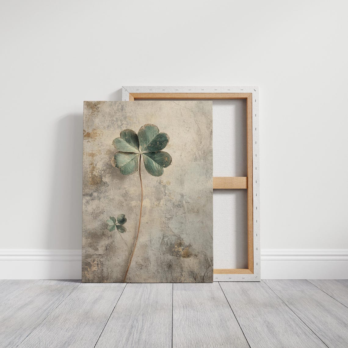Sage Green Four Leaf Clover Vintage Distressed Beige Wall Art - Image 5