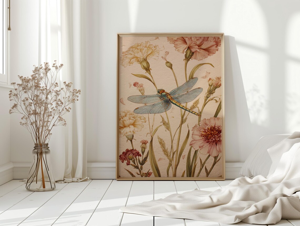 Vintage Dragonfly Botanical Illustration with Carnation Flowers Poster