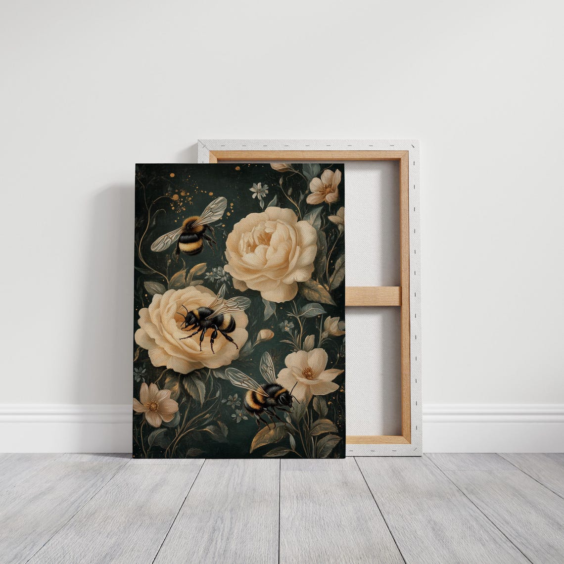 Three Bumblebees Among Cream Peonies Dark Botanical Art Poster - Image 5