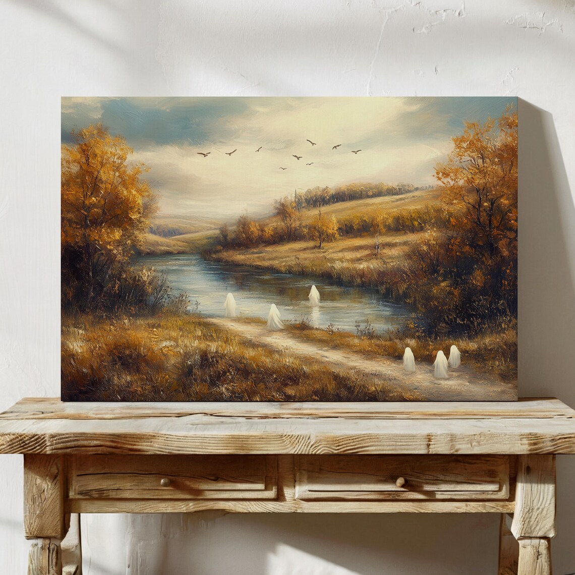 Ghostly Autumn River Haunted Fall Landscape Spooky Ghosts Misty Poster Art