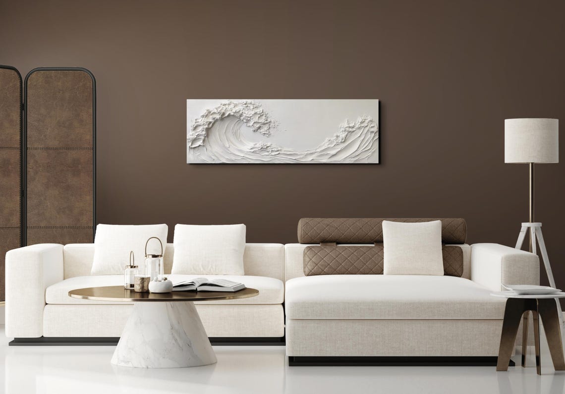 White Textured Ocean Wave Minimalist Panoramic Relief Art Poster - Image 6