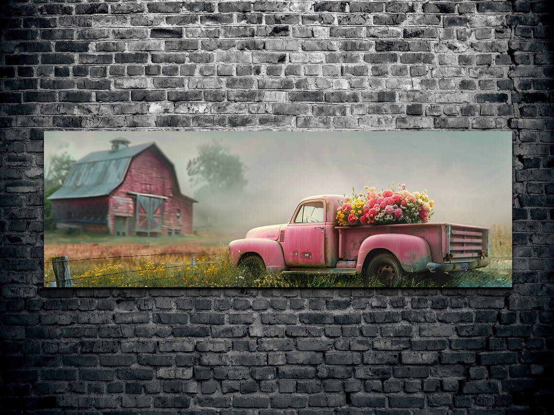 Vintage Pink Pickup Truck with Flowers by Red Barn Farm Poster - Image 2