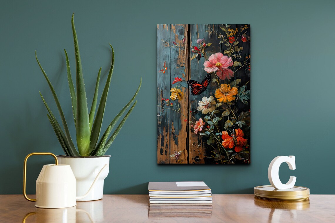 Moody Floral Butterfly Weathered Blue Wood Botanical Wall Art - Image 7