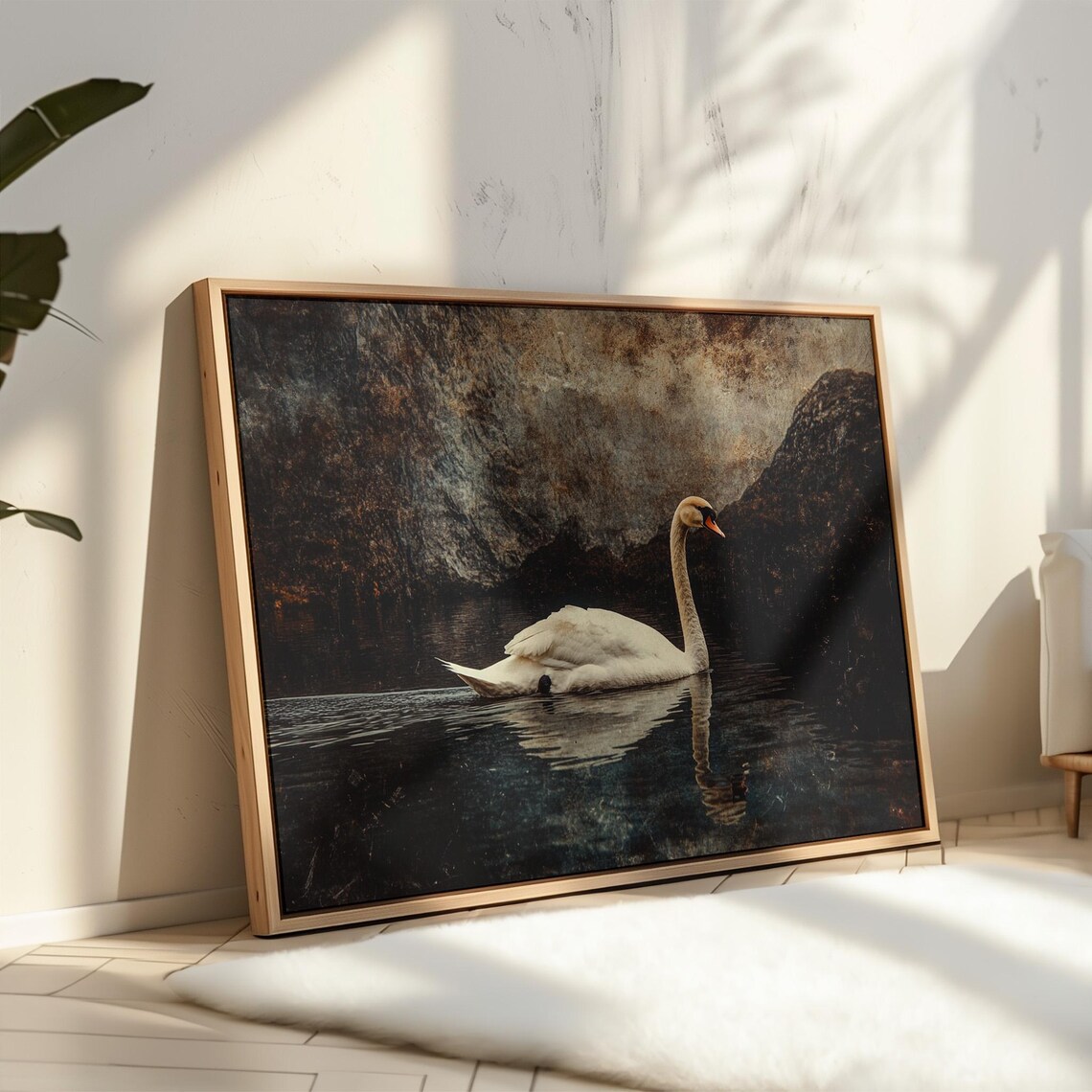 Swan on a Dark Lake Vintage Oil Painting Style Wildlife Poster - Image 5