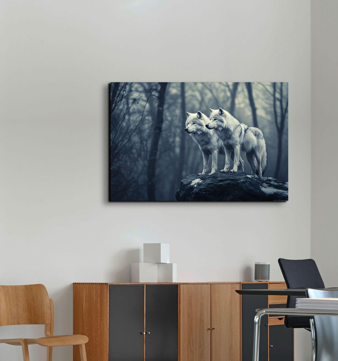 Two White Wolves Standing on Rock in Misty Blue Forest Poster - Image 5