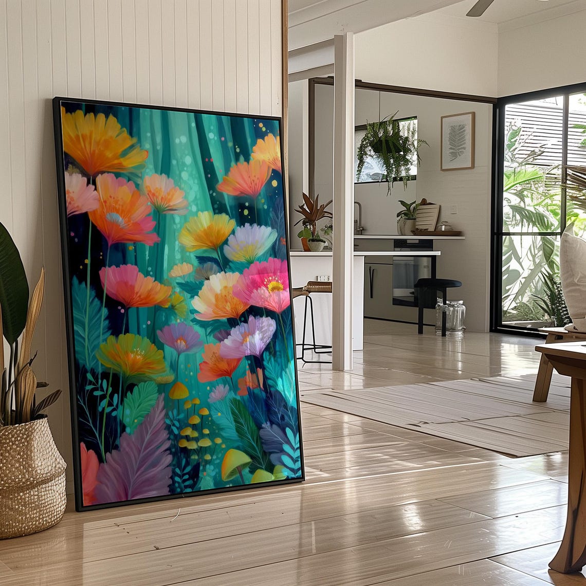 Vibrant Painterly Poppy Meadow on Deep Teal Bold Floral Wall Art