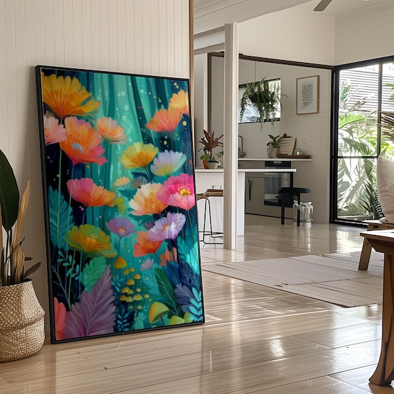 Vibrant Painterly Poppy Meadow on Deep Teal Bold Floral Wall Art